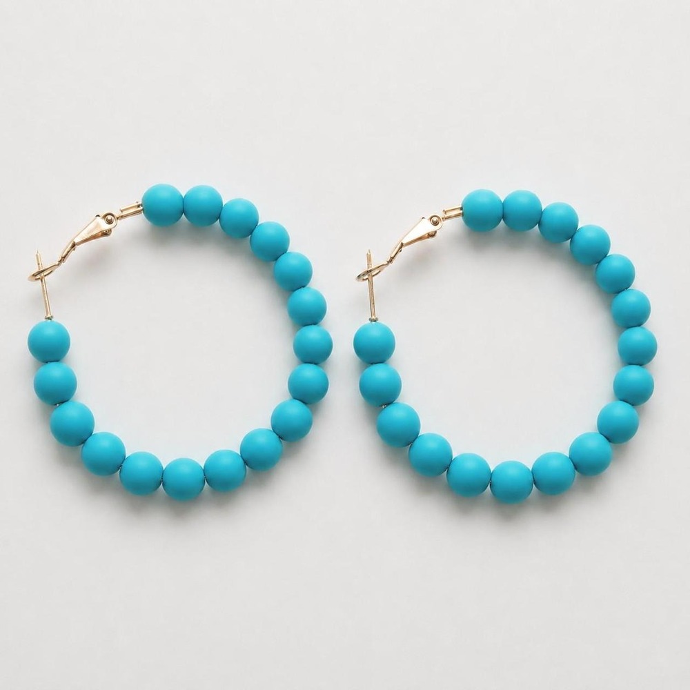 Turquoise Beaded Hoop Earrings Gold Tone 2 Inch Boho Minimalist